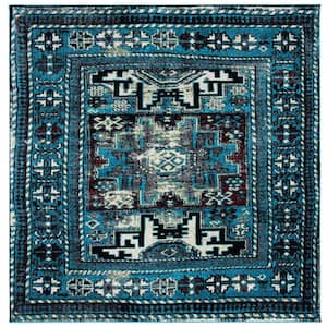 Vintage Hamadan Light Blue/Black Doormat 3 ft. x 3 ft. Medallion Border Square Area Rug