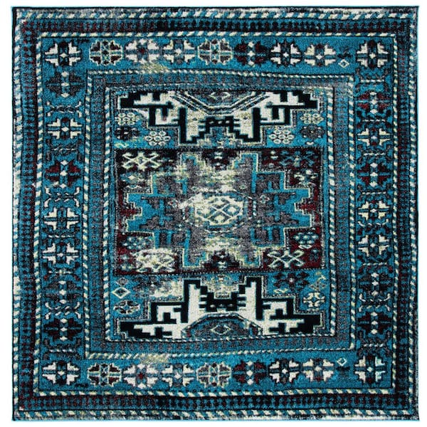 SAFAVIEH Vintage Hamadan Light Blue/Black Doormat 3 ft. x 3 ft. Medallion Border Square Area Rug