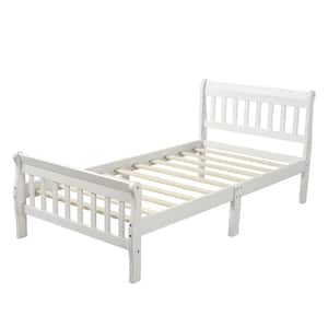 White Wood Twin Platform Bed Frame with Headboard and Footboard, Sleigh Bed with Slat Support, No Box Spring Needed
