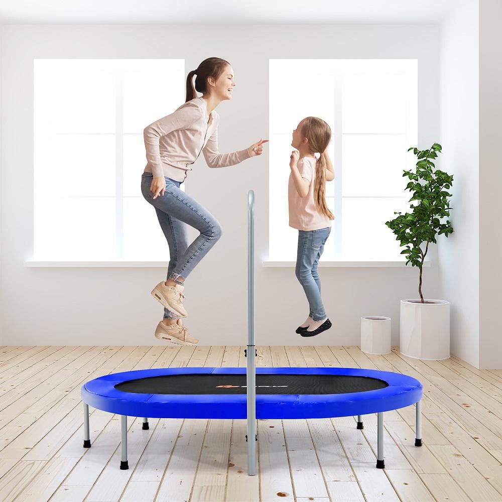 Blue Oval Foldable Fitness Trampoline with Adjustable Handrail