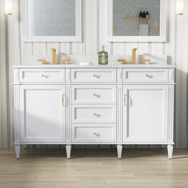 ANGELES HOME 60 in. W x 22 in. D x 35 in. H Solid Wood Freestanding Bath Vanity in White with Carrera White Quartz Top