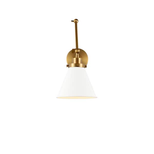 Generation Lighting Wellfleet 7.25 in. W 1-Light Matte White/Burnished Brass Double Arm Cone Task Wall Sconce with Steel Shade