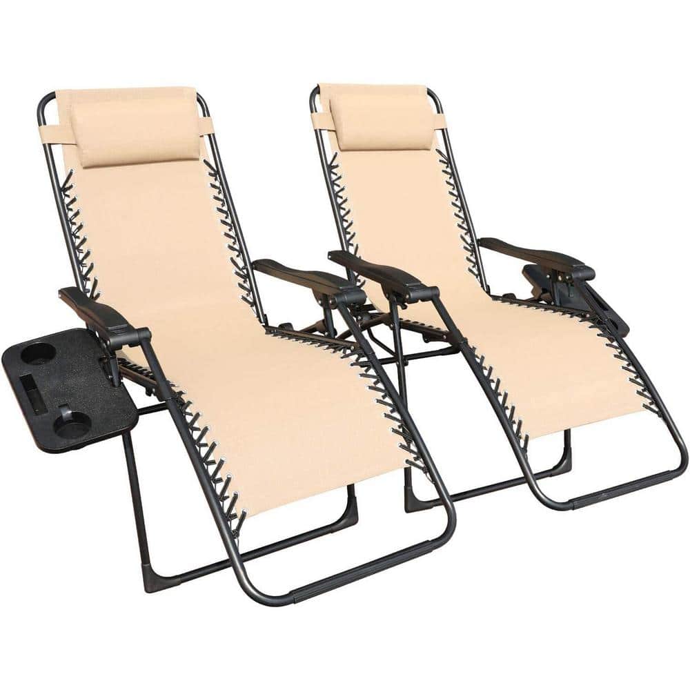 Camp Reclining Lounge Chair with Side Table for Backyard Porch Swimming Poolside and Beach Set of 2, Beige