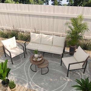 4-Piece Wicker Outdoor Patio Conversation Set with Beige Cushions, Seats 5, Includes Coffee Table