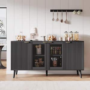 Modern Black Particle Board 55.12 in. Buffet Sideboard Cabinet with Glass Doors