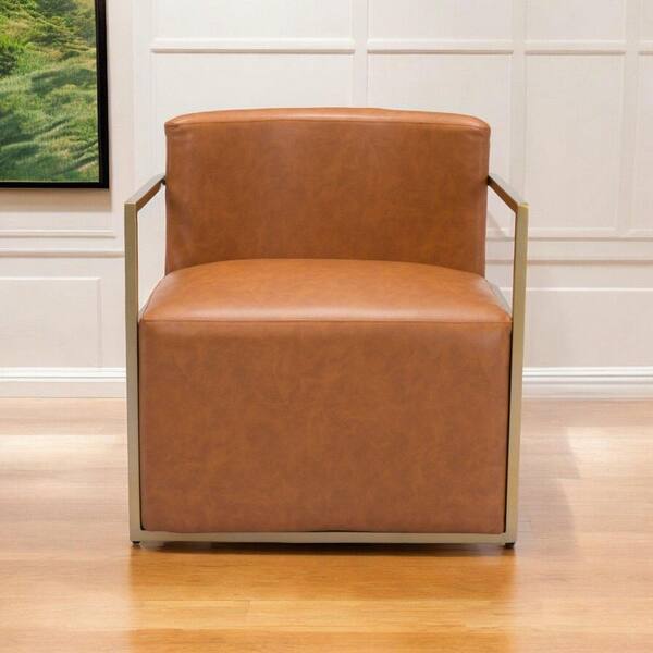 Brown Faux Leather Wood Arm Chair