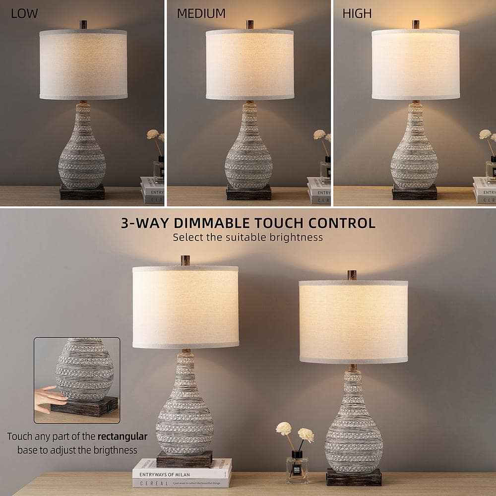 Sana 24'' Distressed Brown Farmhouse Table Lamp Set with USB Ports