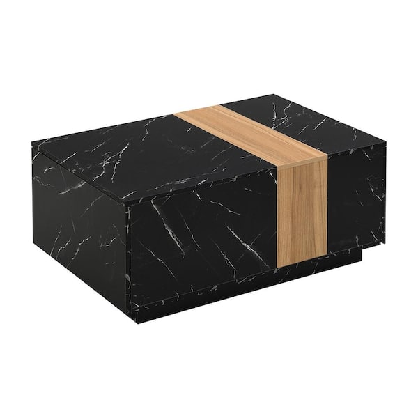 Zeus & Ruta Black Rectangular Outdoor Coffee Table, Indoor Center Table with 2 Storage Drawers for Living Room
