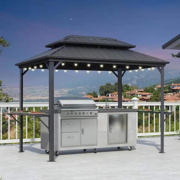6.5 ft. x 10 ft. Hardtop Grill Gazebo for Patio Aluminum Barbecue Shelter Gazebo, Hooks,Shelves Double Tiered 12-Ligths