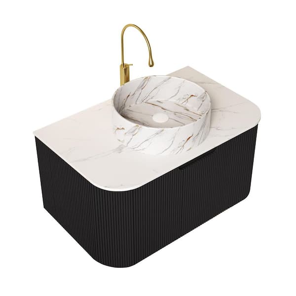 30 in. W Single Sink Floating Bath Vanity in Black with White Round Ceramic Basin Top Stone Pattern,Curved Edges Striped