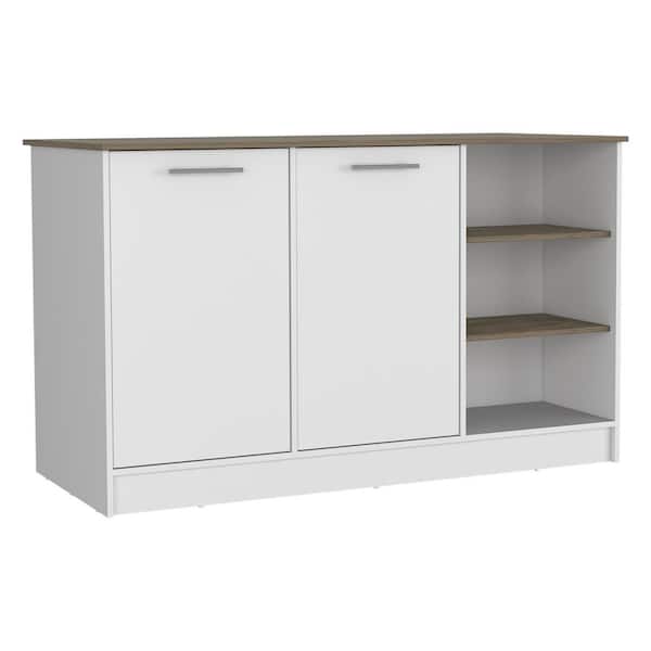 Multi-Colored Wood 59.0 in. Kitchen Island with 2 Cabinets and 3 Open Shelves