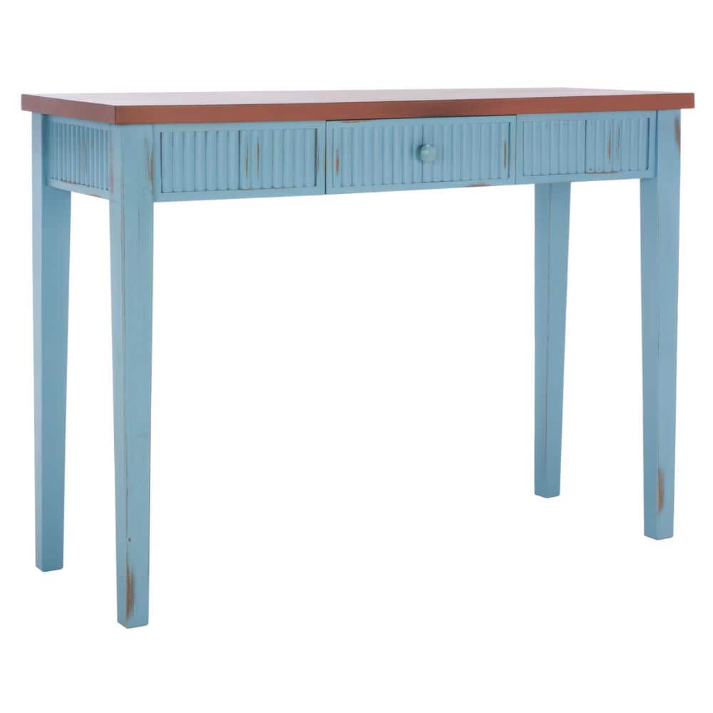 Blue and Oak Wood Console Table with Storage Drawer