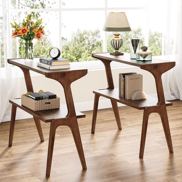BYBLIGHT Kerlin 27.56 in. Brown Rectangular Wood End Table (Set of 2), 2-Tier Sofa Side Table Narrow Couch Table for Living Room