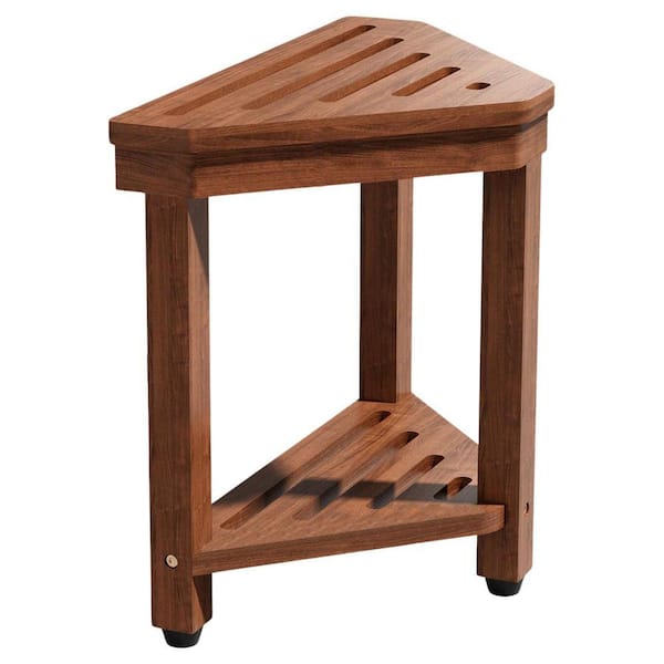 15 in. W Corner Shower Stool Acacia Wood with Storage Shelf for Small Spaces Freestanding in Brown