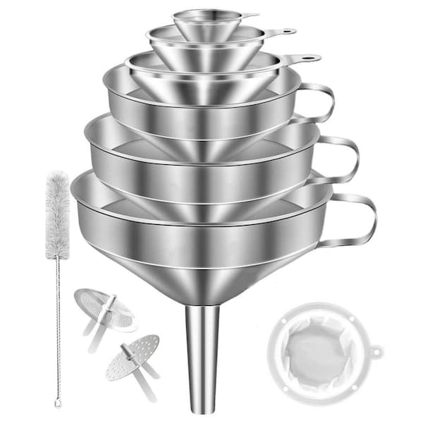 6-Size Stainless Steel Funnels with 2 Removable Strainers, Cleaning Brush and 200 Mesh Food Filter Strainer