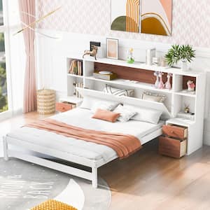 White and Brown Wood Frame Full Size Platform Bed with Hidden Storage Headboard, Shelves and Built-in Nightstands