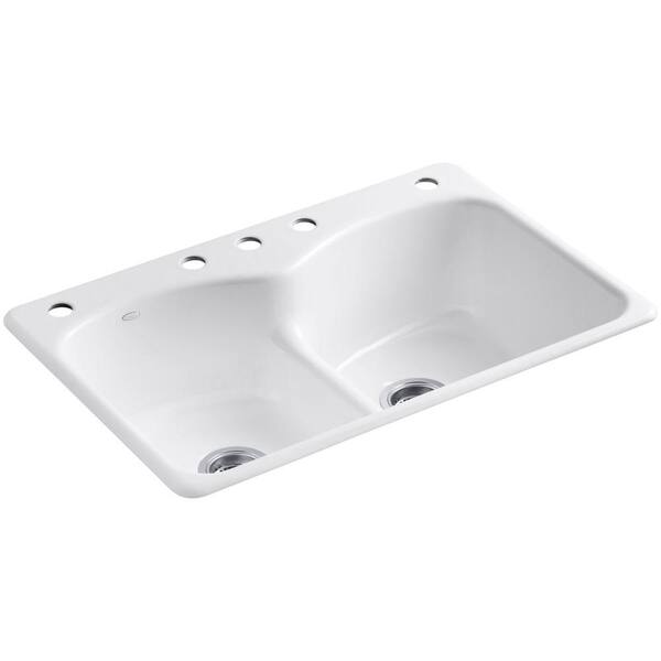 KOHLER Langlade Smart Divide Drop-In Cast-Iron 33 in. 5-Hole Double Basin Kitchen Sink in White