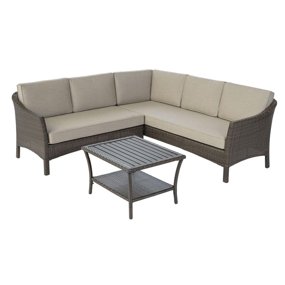 Alfresco Home 82 in. L Hollybury Mocha Wicker Outdoor Sectional with ...