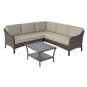 82 in. L Hollybury Mocha Wicker Outdoor Sectional with White Sunbrella Cushions Sofa Set with Coffee Table