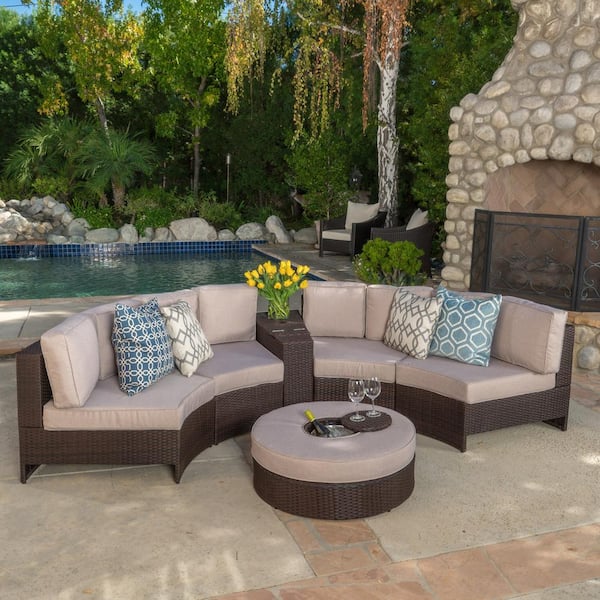 Noble House Madras Brown 6-Piece Wicker Outdoor Sectional Set with Textured Beige Cushions