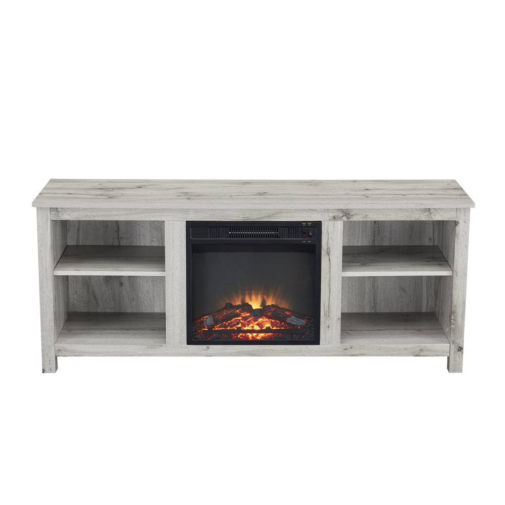 58 in. Gray Wood Electric Fireplace TV Stand with Open Storage Shelves
