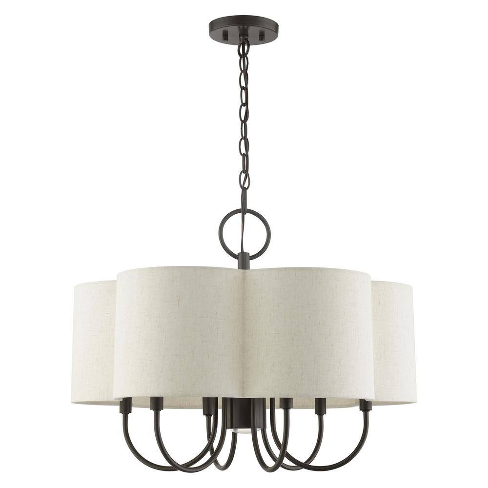 Elegant Solstice English Bronze 7-Light Chandelier with Oatmeal Shade