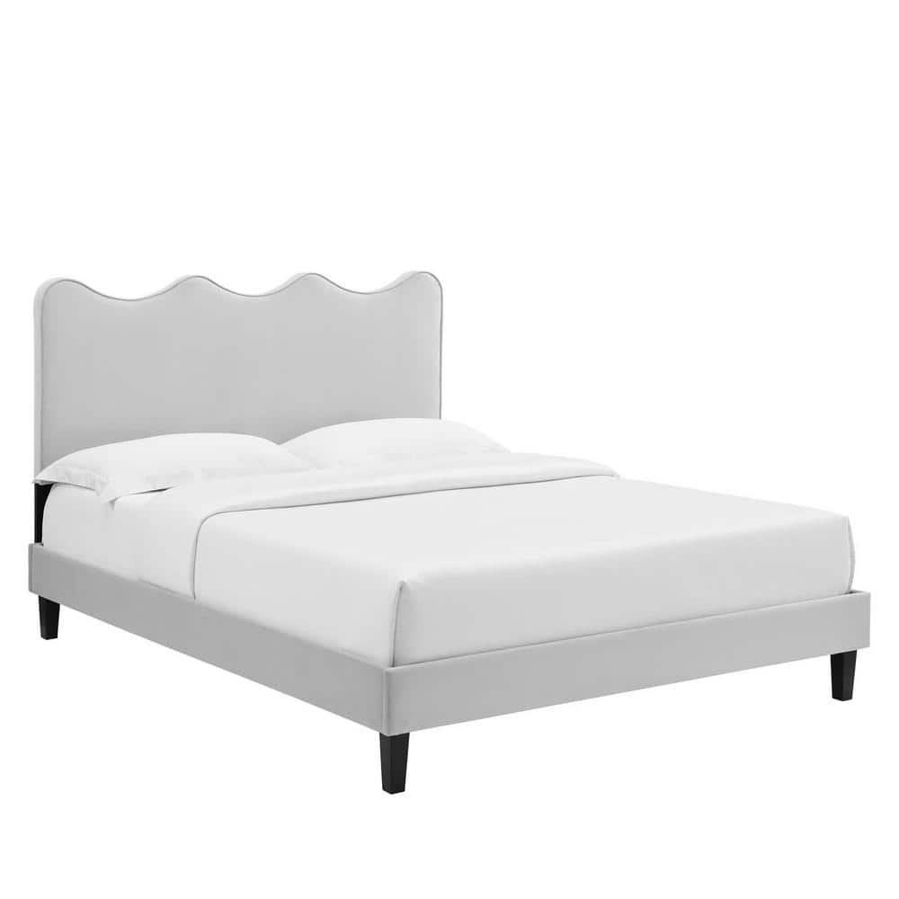 MODWAY Current Performance Velvet Full Platform Bed in Light Gray with Black Wood Legs MOD6732