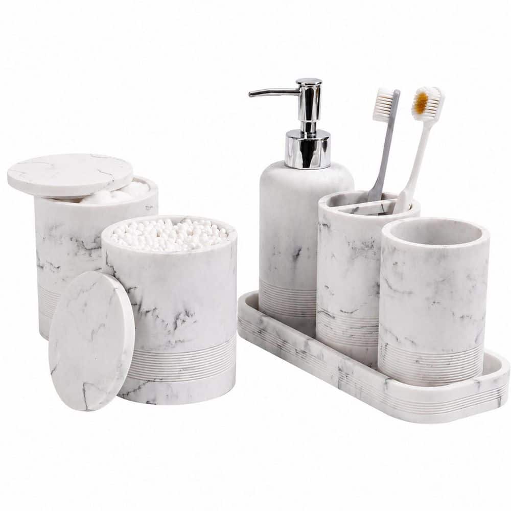 6-Piece Bathroom Accessory Set with Soap Dispenser, Vanity Tray, Tumbler and Apothecary Jars in Marble White price history on PriceWatchPro