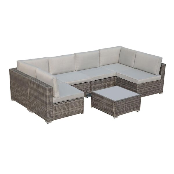 Freestyle 7-Piece Wicker Grey Outdoor Patio Conversation Sectional Set with Grey Cushions