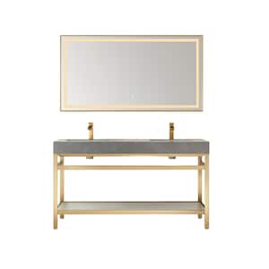 Funes 60 in. W x 22 in. D x 34 in. H Double Sink Bath Vanity in Brushed Gold with Grey Natural Stone Top and Mirror