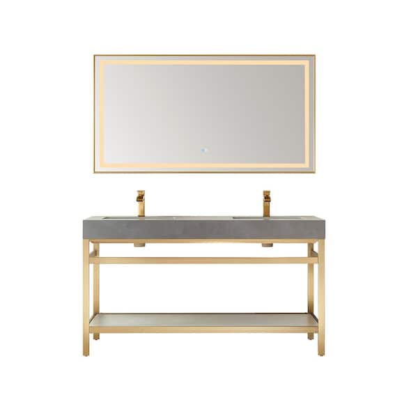 ROSWELL Funes 60 in. W x 22 in. D x 34 in. H Double Sink Bath Vanity in Brushed Gold with Grey Natural Stone Top and Mirror