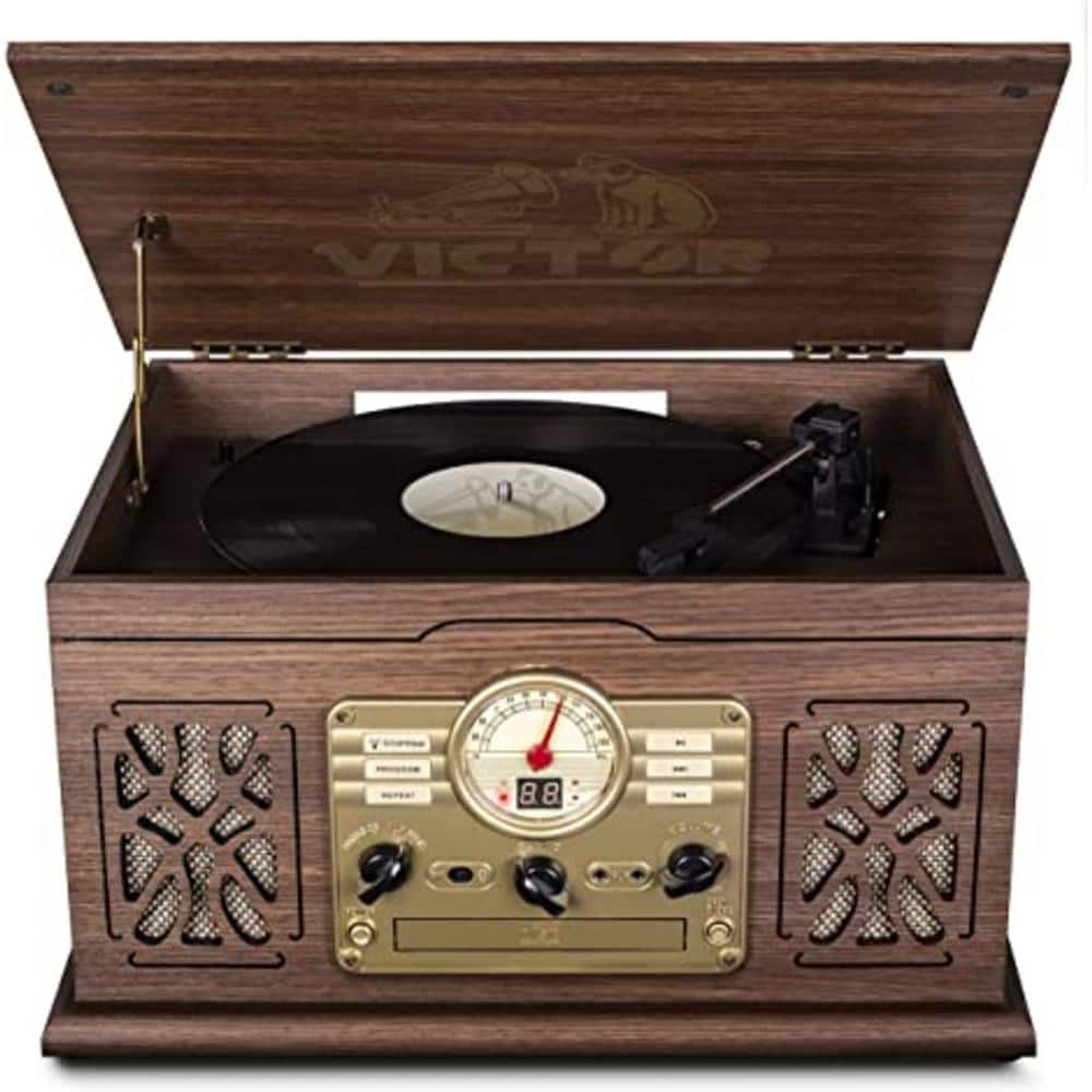 Victor State Bluetooth Turntable Record Player, CD/MP3/Cassette Player, FM Radio and Built-In Stereo Speakers, Espresso