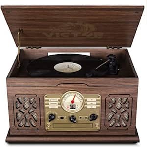 State Bluetooth Turntable Record Player, CD/MP3/Cassette Player, FM Radio and Built-In Stereo Speakers, Espresso