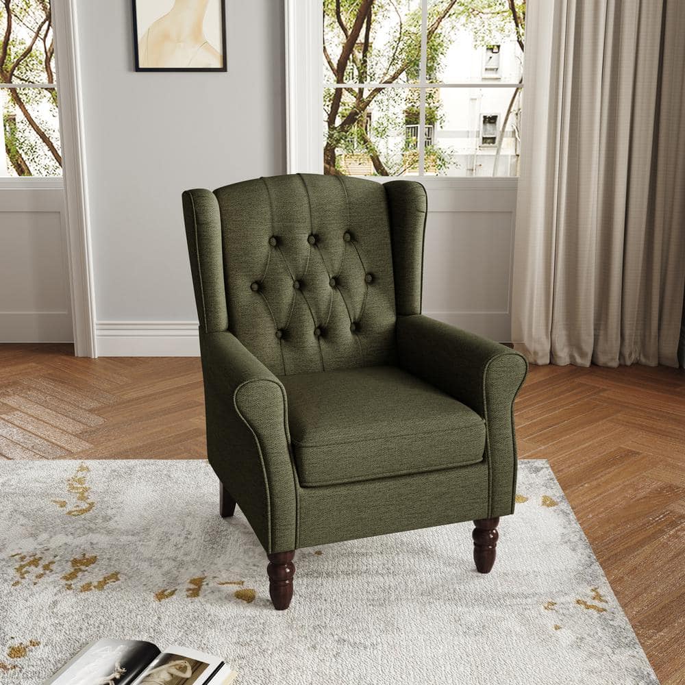 Uixe Modern Green Linen Upholstered Button High Back Accent Arm