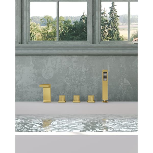 EVERSTEIN 3-Handle Tub-Mount Roman Tub Faucet with Hand Shower in Brushed Gold