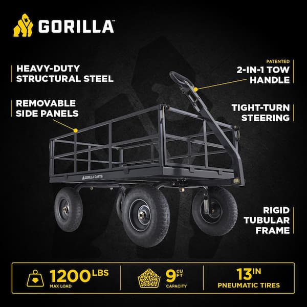 1,200 lbs. Heavy Duty Steel Utility Garden Cart, 9 cu. ft. Capacity, 13 in. Pneumatic Tires, 2-in-1 Pull or Tow Handle