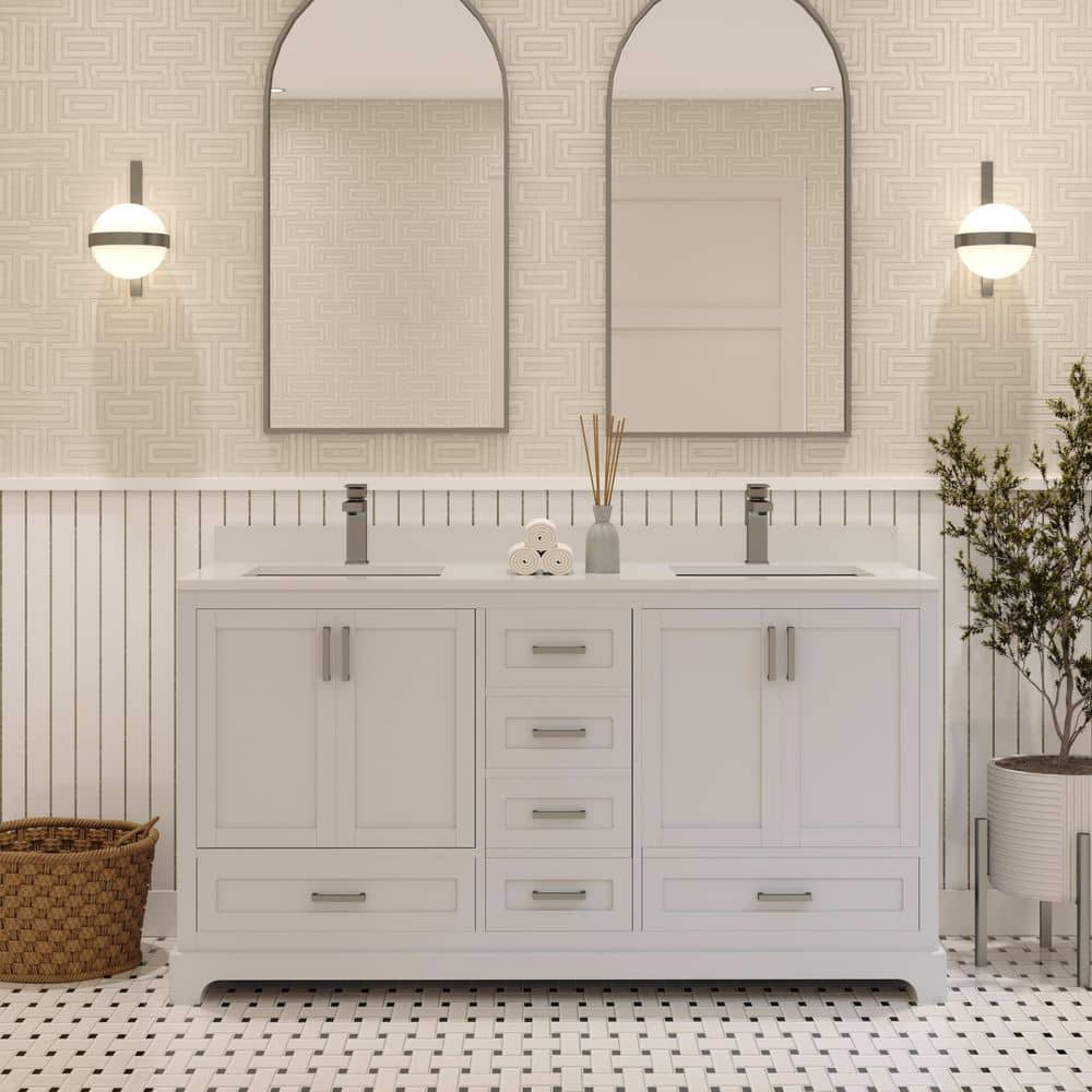 Maya 60 in. Double Sink Freestanding White Bath Vanity with White Quartz Top price history on PriceWatchPro
