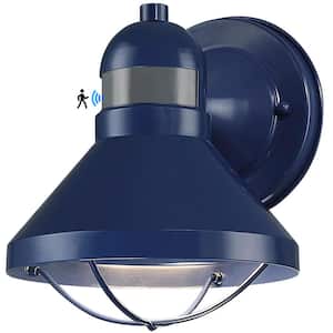 Upgraded 7.08 in. Blue Motion Sensing Dusk to Dawn Indoor/Outdoor Hardwired Barn Sconce with LED Included