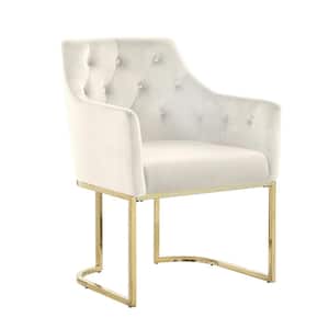 Lana Beige Tufted Velvet Arm Chair in Gold