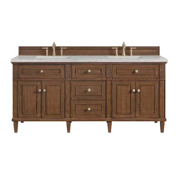 James Martin Vanities Lorelai 72.0 in. W x 23.5 in. D x 34.06 in. H Double Vanity in Mid-Century Walnut with Eternal Jasmine Pearl Quartz Top