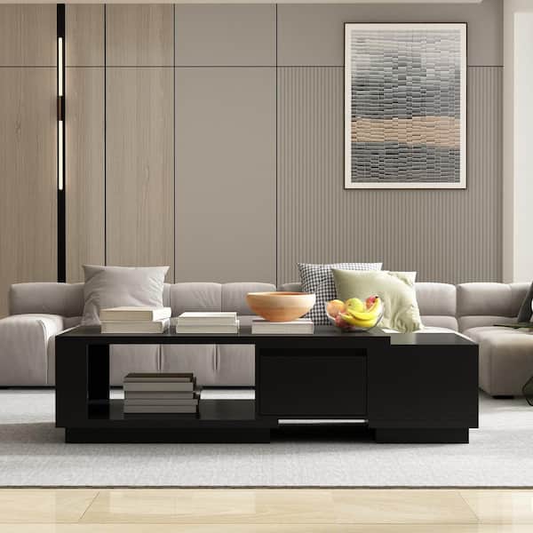 FUFU&GAGA 47.2 in. W Black Rectangle Particle Board Wooden Coffee Table with 3 Drawers, Adjustable Length & Adjustable Open Shelf