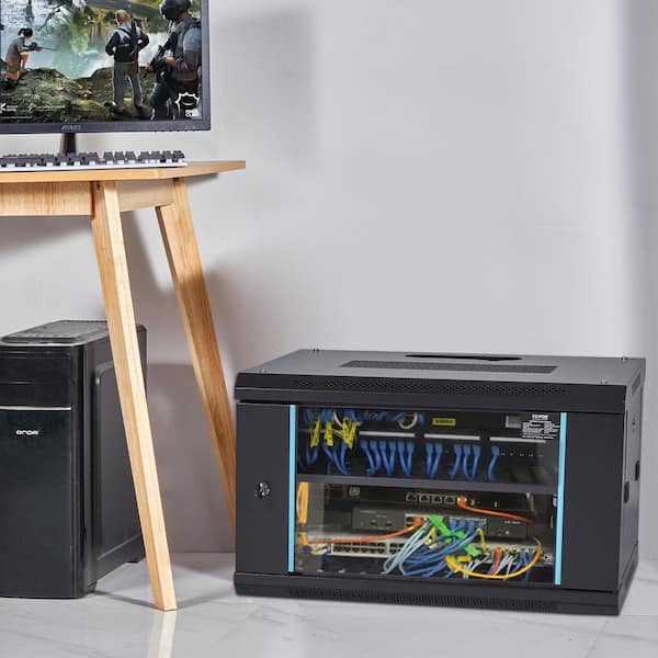 8.9x16.4x12.9in. Black 1 Tier Composite Deep Server Rack Cabinet Enclosure Ground-mounte Load Locking Glass Side Panel