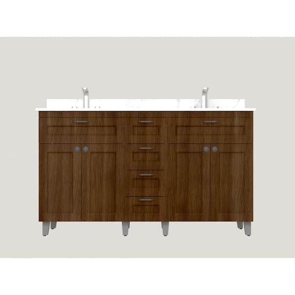 Winette 60 in. W x 21 in. D x 35 in. H Metal Bathroom Vanity in Espresso with Engineered Marble Vanity Top with White Bowls