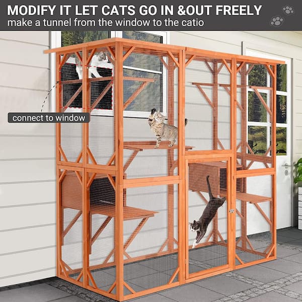 FUFU GAGA Large Outdoor Cat House Weatherproof 71 in. Wooden Cats Catio Cat Cage Enclosur with 7 Platform and 2 Resting Box Wood YLM KF150142 0102 The Home Depot