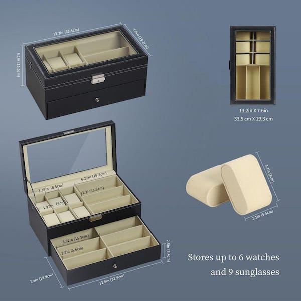6-Watch and 9-Glasses Storage Box-Lockable Leather Organizer