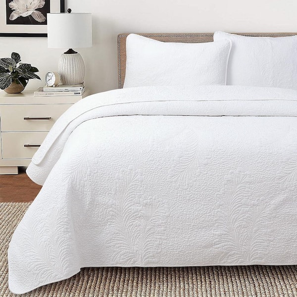 Modern Palm Leaf Stitch Solid White 3-Piece Cotton Queen Bedding Quilt Set