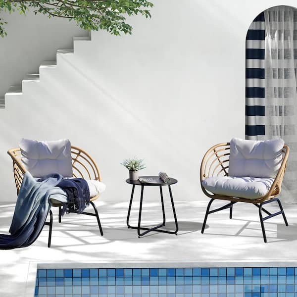 3-Piece Metal Outdoor Bistro Set, Wicker Chairs with Thick Beige Cushions & Coffee Table for Porch, Backyard, Balcony