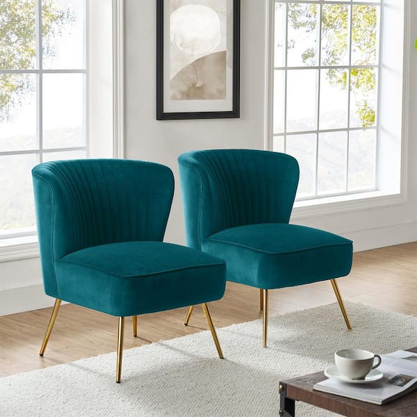 Monica Modern Teal Velvet Comfy Living Room Side Chair with Golden Metal Legs (Set of 2)