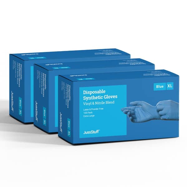 JussStuff Extra-Large Synthetic Vinyl/Nitrile Blend Exam Latex Free and Powder Free Gloves in Blue - 3-Boxes of 100 (300 Total)