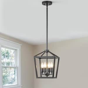 4-Light Black Rustic Farmhouse Lantern Hanging Pendant Light